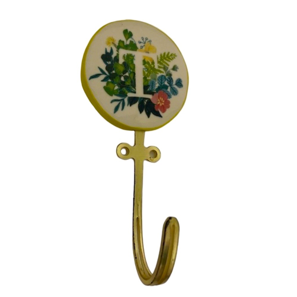 New ANTHROPOLOGIE Leighton Monogram T Metal Hook Ceramic and Goldtone Home Decor